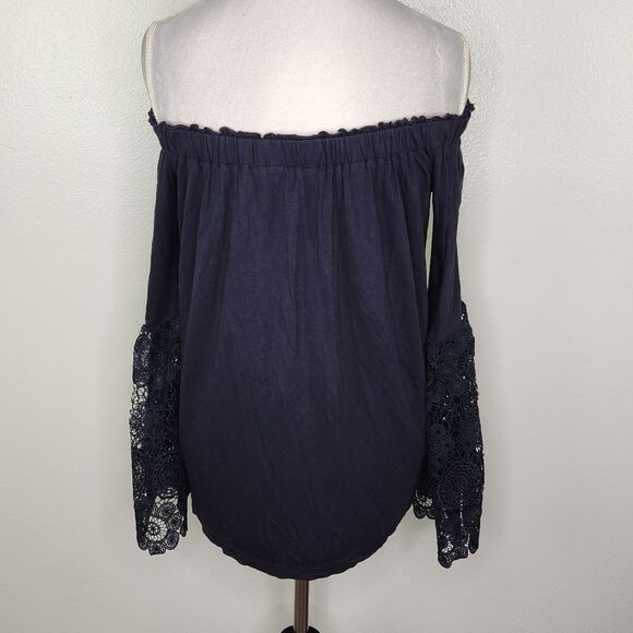 LOFT Navy Blue Lace Trimmed Bell Sleeve Off The Shoulder Blouse Size Medium - Picture 10 of 12